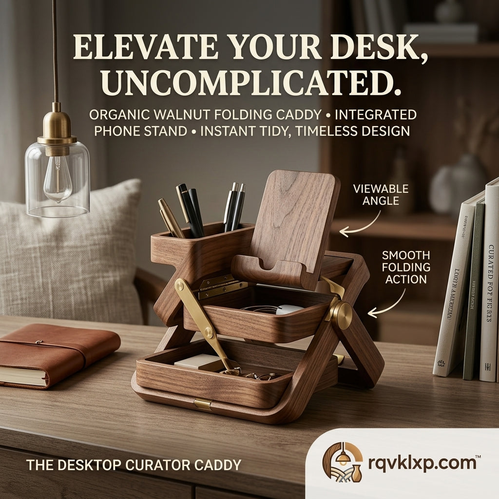 rqvklxp.com™ Premium Organic Walnut Wood Folding Desk Organizer - Multi-Tier Desktop Curator Caddy with Integrated Phone Stand, Pen Holder, and Catch-All Valet Tray for Home Office Workspace