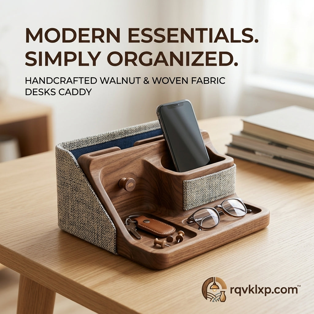 zqvrkpl.com™ 4-in-1 Walnut Desk Valet Organizer – Modular Rotating Wooden Desk Accessory with Smartphone Stand, Pen Holder, and Interchangeable Catchall Trays for Executive Home Office Decor