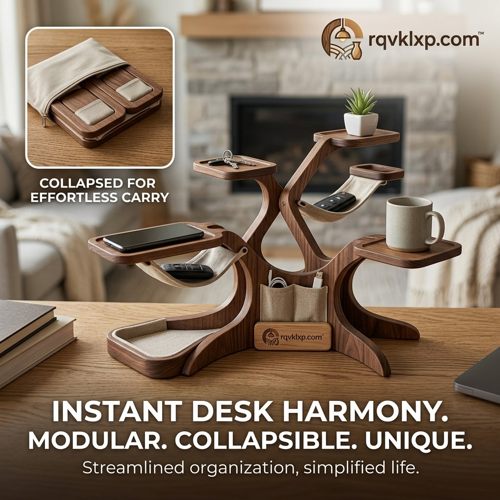 rqvklxp.com™ Wooden Desk Organizer - Modular Collapsible Desk Tree Stand, Aesthetic Multi-Tier Office Storage, Phone & Key Holder, Valet Tray with Canvas Hammocks & Cable Organizer Pockets