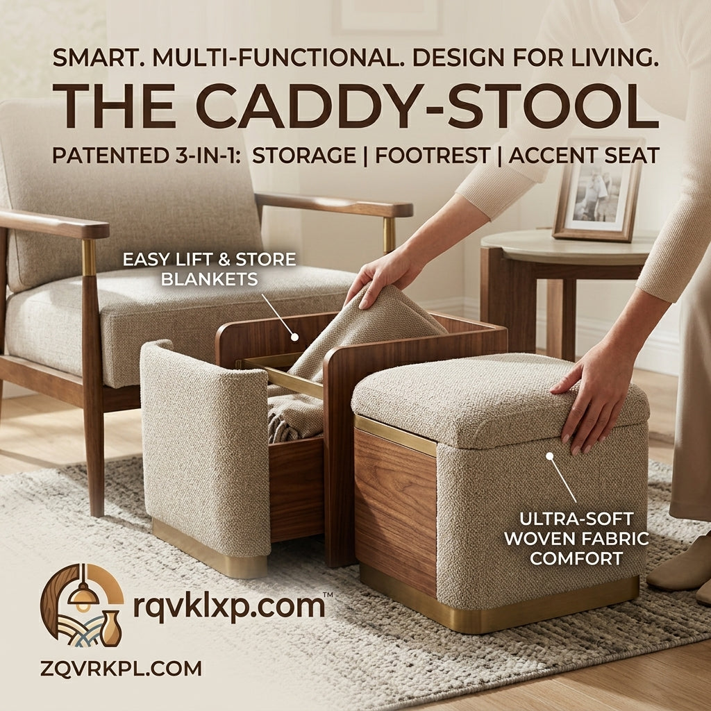 rqvklxp.com™ Patented 3-in-1 Caddy-Stool | Multifunctional Storage Ottoman, Footrest & Accent Seat | Ultra-Soft Woven Fabric & Walnut Wood Finish with Brass Accents