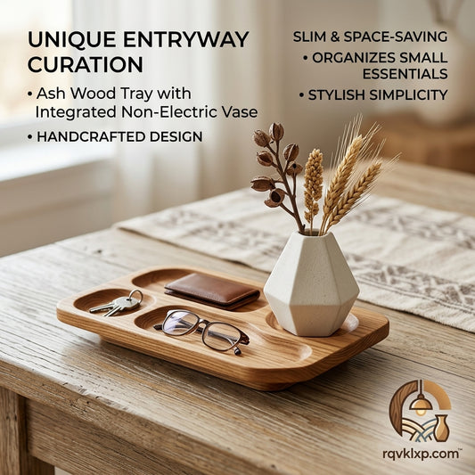 rqvklxp.com™ Handcrafted Ash Wood Valet Tray with Ceramic Bud Vase – Minimalist Entryway Organizer, Key Holder, and Catchall Tray for Wallet, Glasses, and Daily Essentials