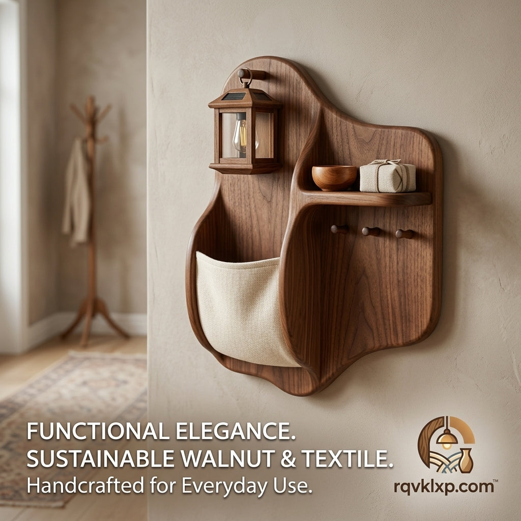 rqvklxp™ Handcrafted Walnut Wall Organizer | Sustainable Wood Entryway Storage with Ambient Lantern, Mail Pocket, Display Shelf & Key Hooks | Modern Rustic Farmhouse Wall Mount