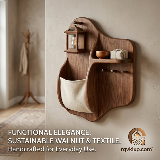 rqvklxp™ Handcrafted Walnut Wall Organizer | Sustainable Wood Entryway Storage with Ambient Lantern, Mail Pocket, Display Shelf & Key Hooks | Modern Rustic Farmhouse Wall Mount