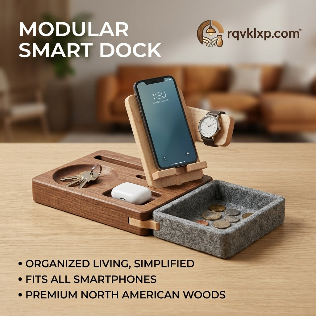 rqvklxp.com™ Modular Wooden Docking Station - Premium Walnut Desk Organizer, Smart Phone Stand & Watch Holder, Felt Valet Tray for Keys, Coins & AirPods, Men's Nightstand Catchall Gift
