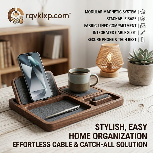 rqvklxp.com™ Premium Walnut Wood Desk Organizer - Modular Magnetic Valet Tray, Phone Stand & Tech Docking Station, Bedside Nightstand Catchall for Keys, Wallet, Coins, and Office Accessories