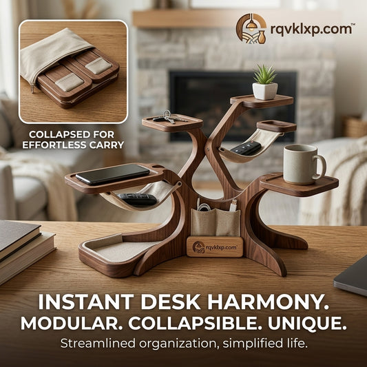 rqvklxp.com™ Wooden Desk Organizer - Modular Collapsible Desk Tree Stand, Aesthetic Multi-Tier Office Storage, Phone & Key Holder, Valet Tray with Canvas Hammocks & Cable Organizer Pockets