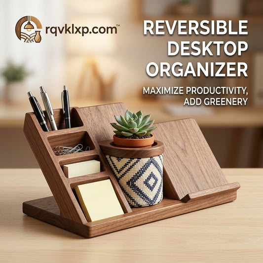 rqvklxp.com™ Multi-Use Wood and Fabric Desktop Organizer Caddy with Integrated Soft Glow Lamp | Portable Bedside Storage Tray with Tablet Holder, Mail Slot & Canvas Pocket | Mid-Century Modern Nightstand Valet & Remote Holder