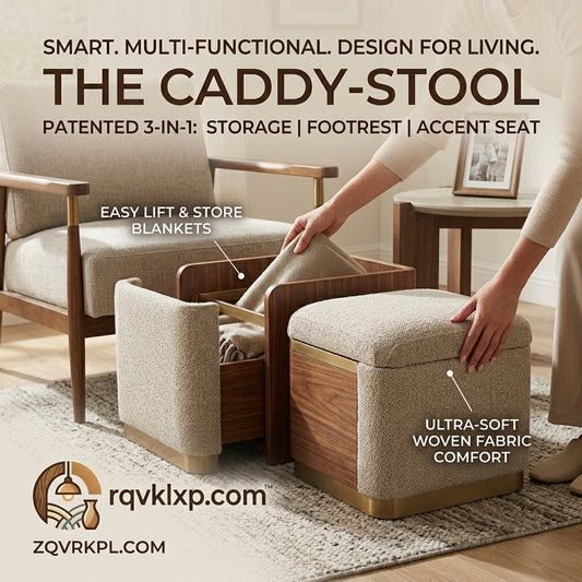 rqvklxp.com™ Patented 3-in-1 Caddy-Stool | Multifunctional Storage Ottoman, Footrest & Accent Seat | Ultra-Soft Woven Fabric & Walnut Wood Finish with Brass Accents